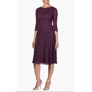 Alex Evenings Faux Two-Piece Cocktail Dress Deep Plum Lace Chiffon Dress Size 12